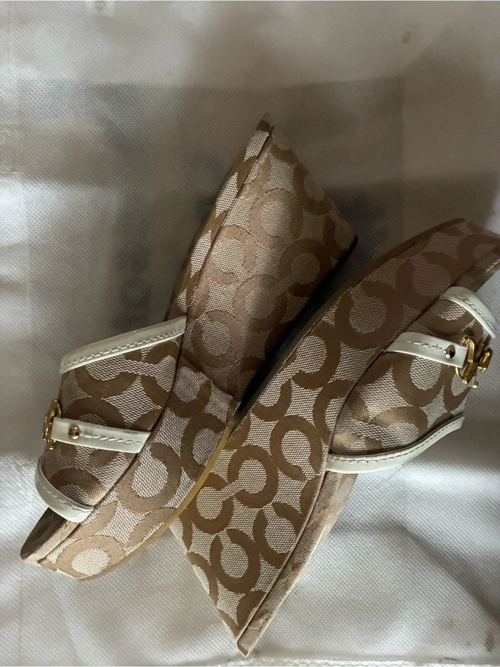 Coach Beige & Cream Signature Logo Wedge Slides